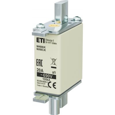 Wkładka topikowa NH zwłoczna z wybijakiem NH000/K gG 20A 690V 004111177 ETI (004111177)